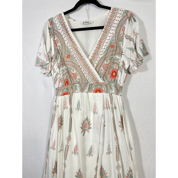 Lapogee Women White Paisley Floral Print Maxi Wrap Dress Size L Rayon Boho - Picture 6 of 11